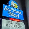 Sea Hawk motel sign lit in the evening