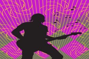band_person_silhouette_guitar_background_purples_and_yellows_with_swirls_and_music_notes